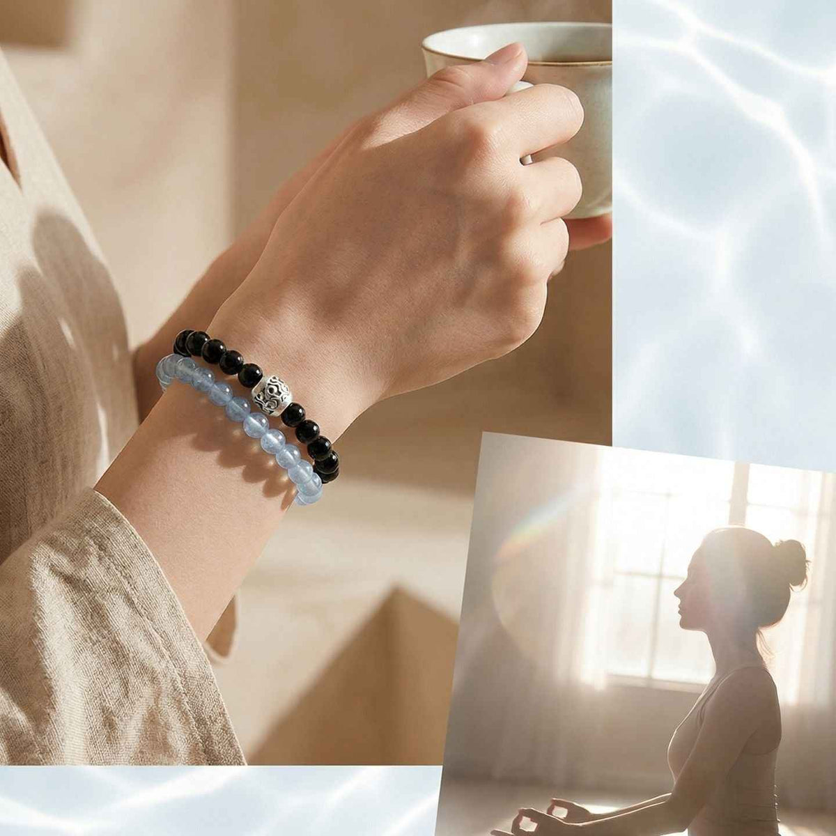 10mm Obsidian and Aquamarine Bracelet|CrystalHola