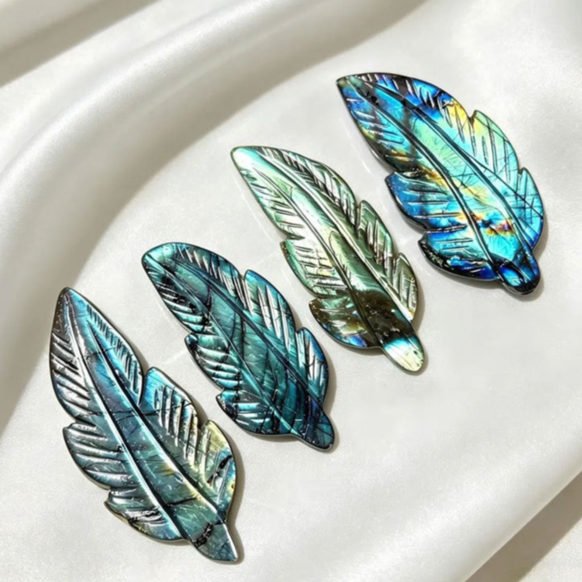 Natural Labradorite Feather Leaf Carving for Healing and Decor