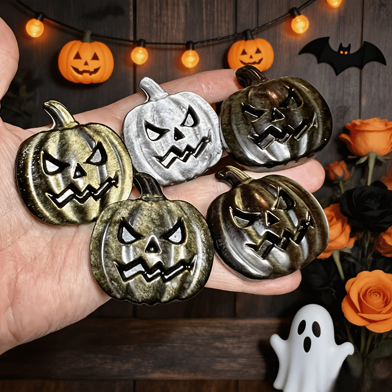 Hand-Carved Natural Obsidian Pumpkin Head Figurine for Halloween