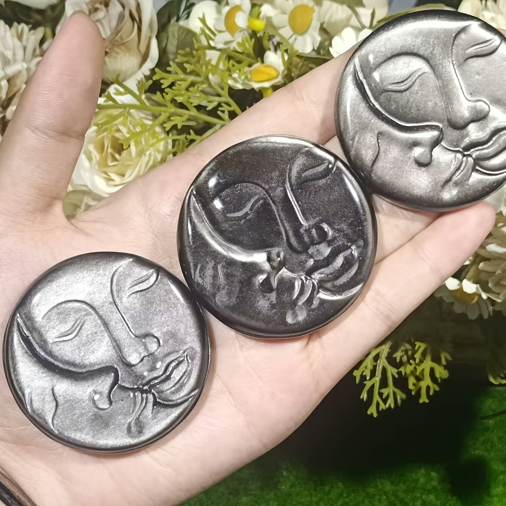 Silvery Obsidian Sun And Moon Face for Home Ornaments