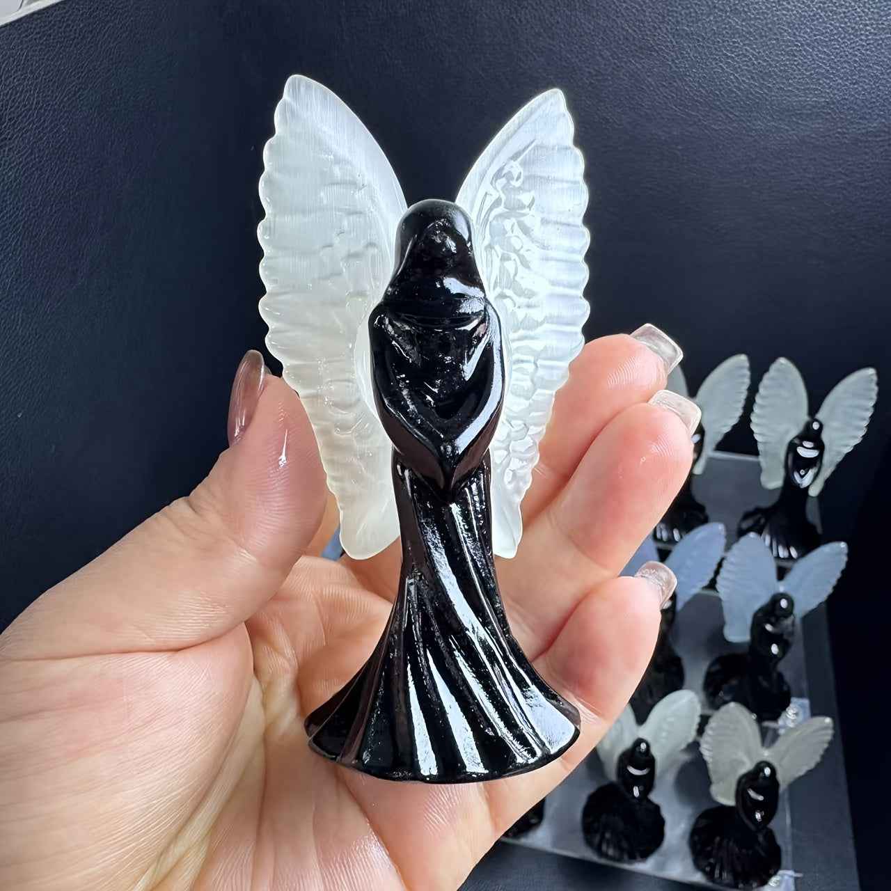 3.94in Black Obsidian Angel Statue with a Cat Eye Carving |CrystalHola