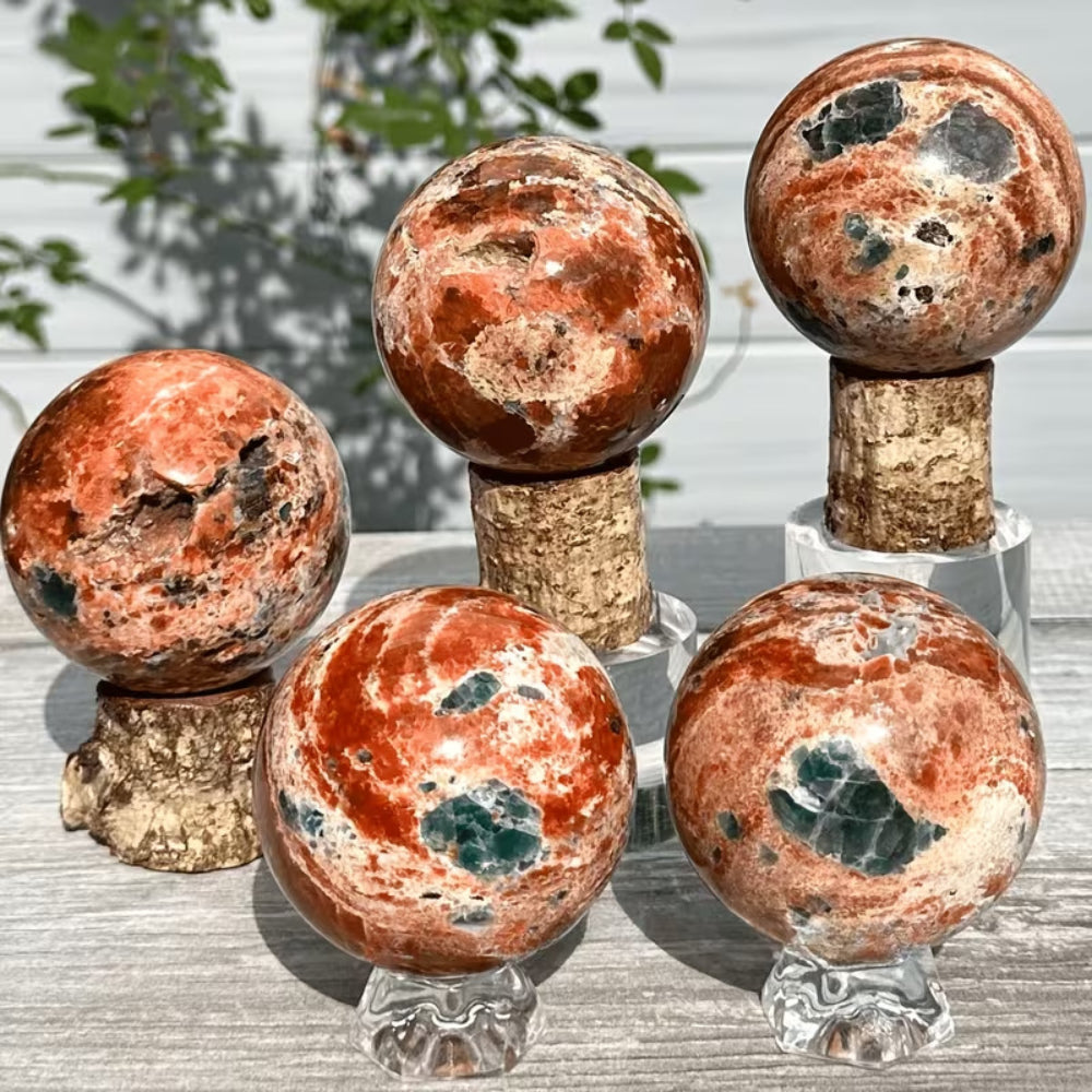 Natural Blue Apatite with Sunstone Symbiotic Sphere for Decor