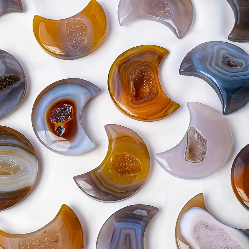 Agate Druzy Geode Moon-Shaped Stone for Gifts