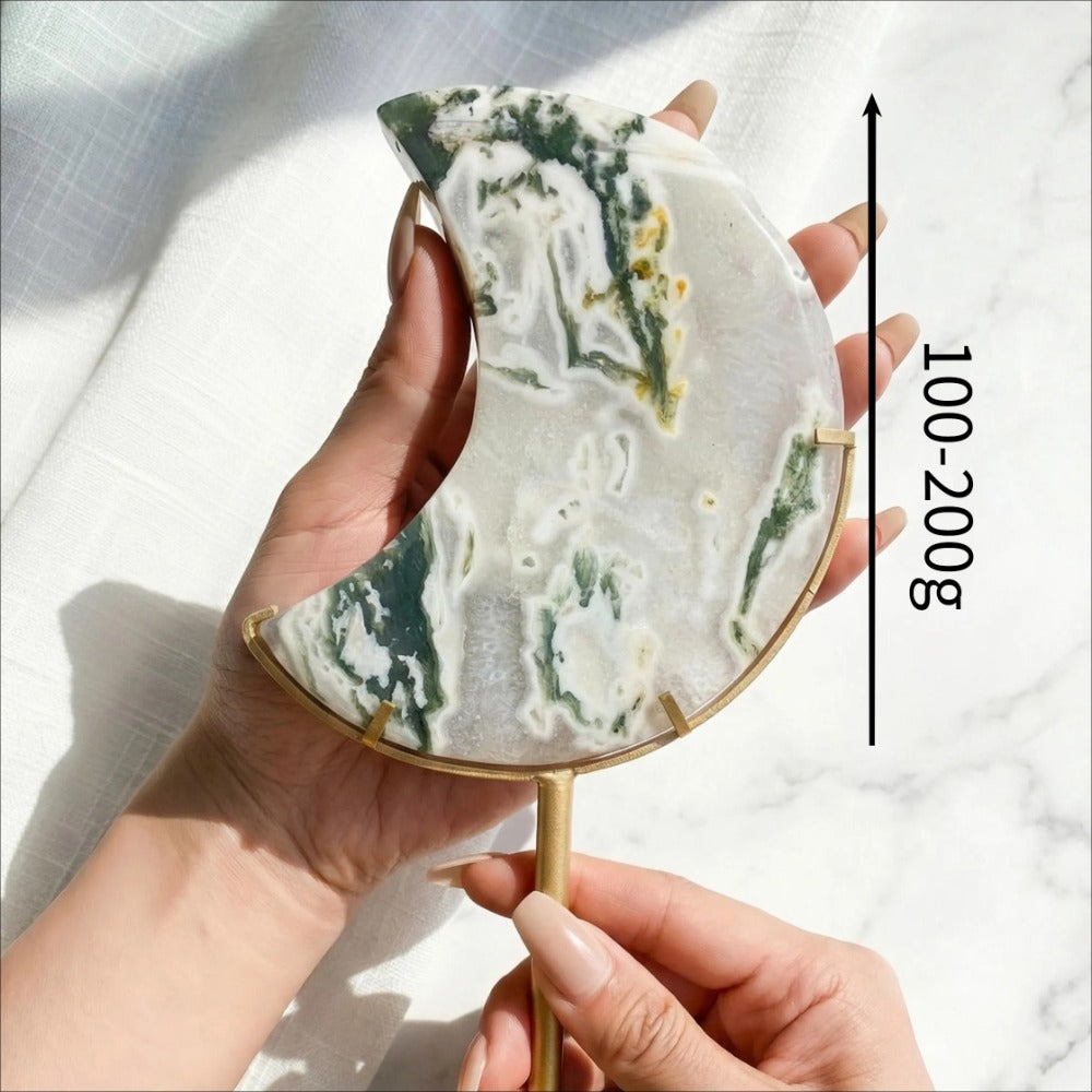 Natural Moss Agate Crescent Moon Carving for Home and Altar Decor