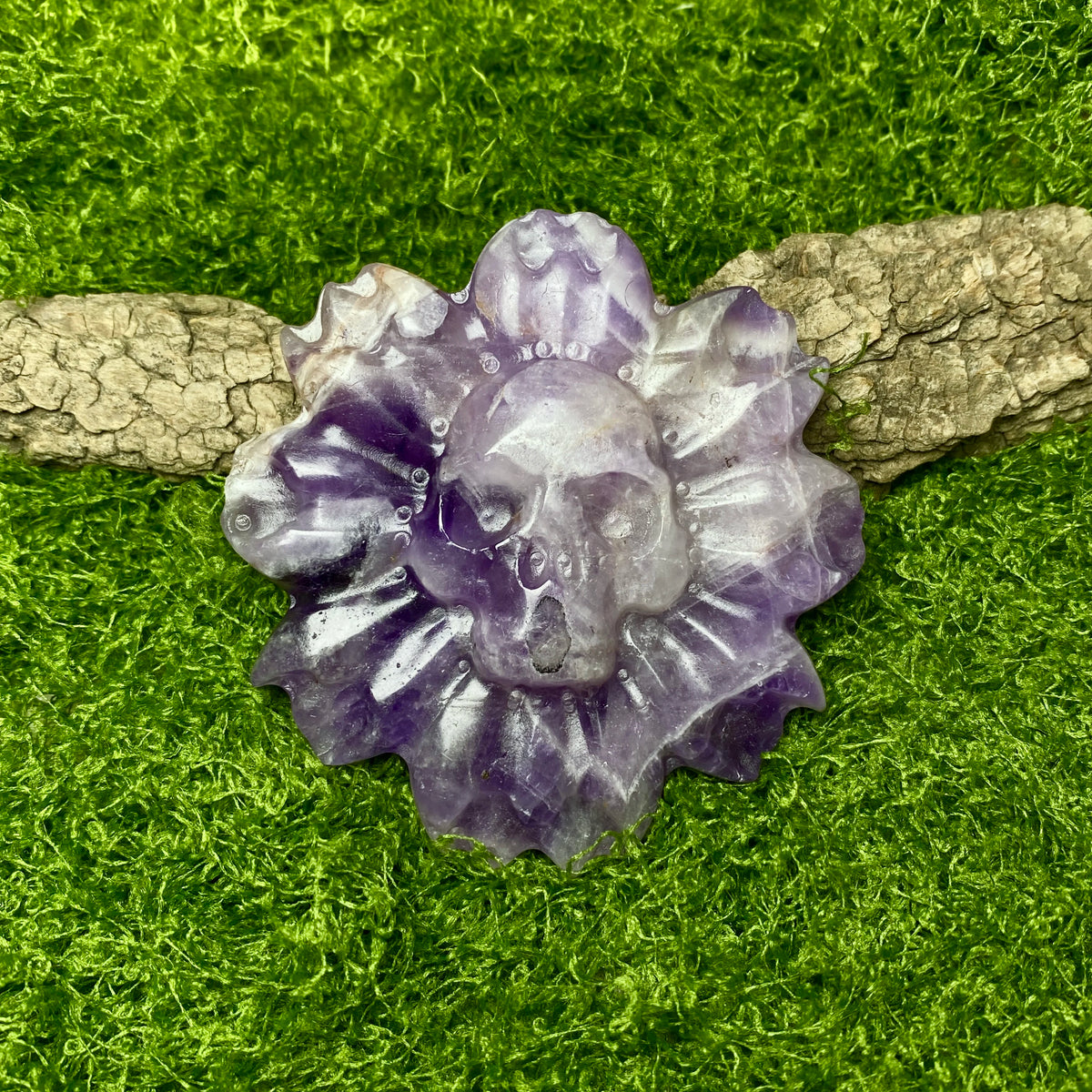 Natural Crystal Flower Carving with Skull Center for Altar Decor
