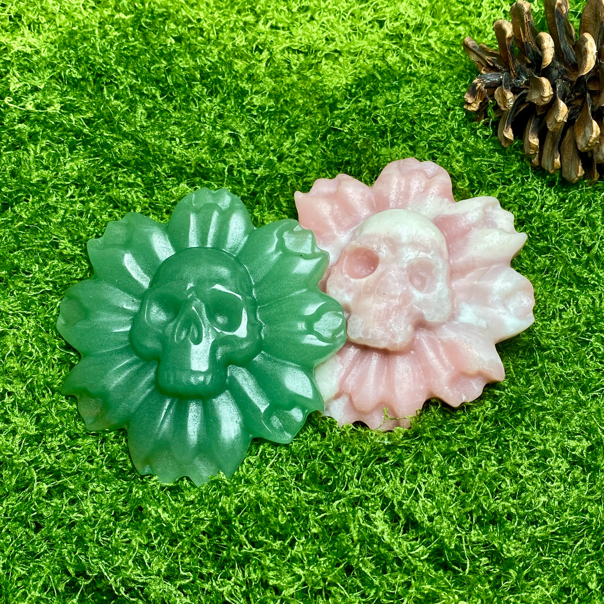 Natural Crystal Flower Carving with Skull Center for Altar Decor