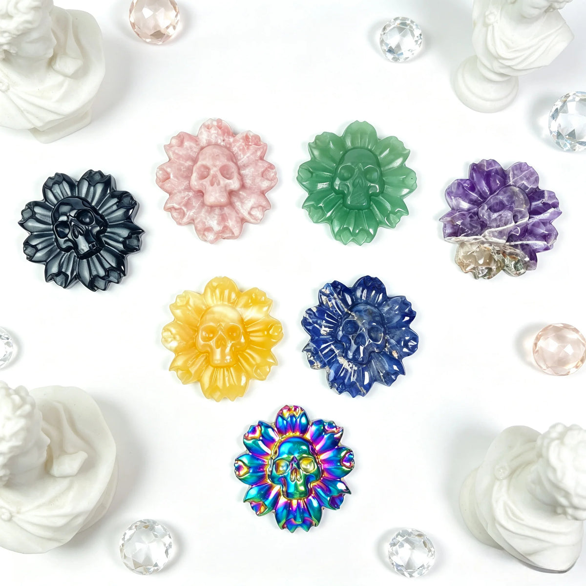 Natural Crystal Flower Carving with Skull Center for Altar Decor