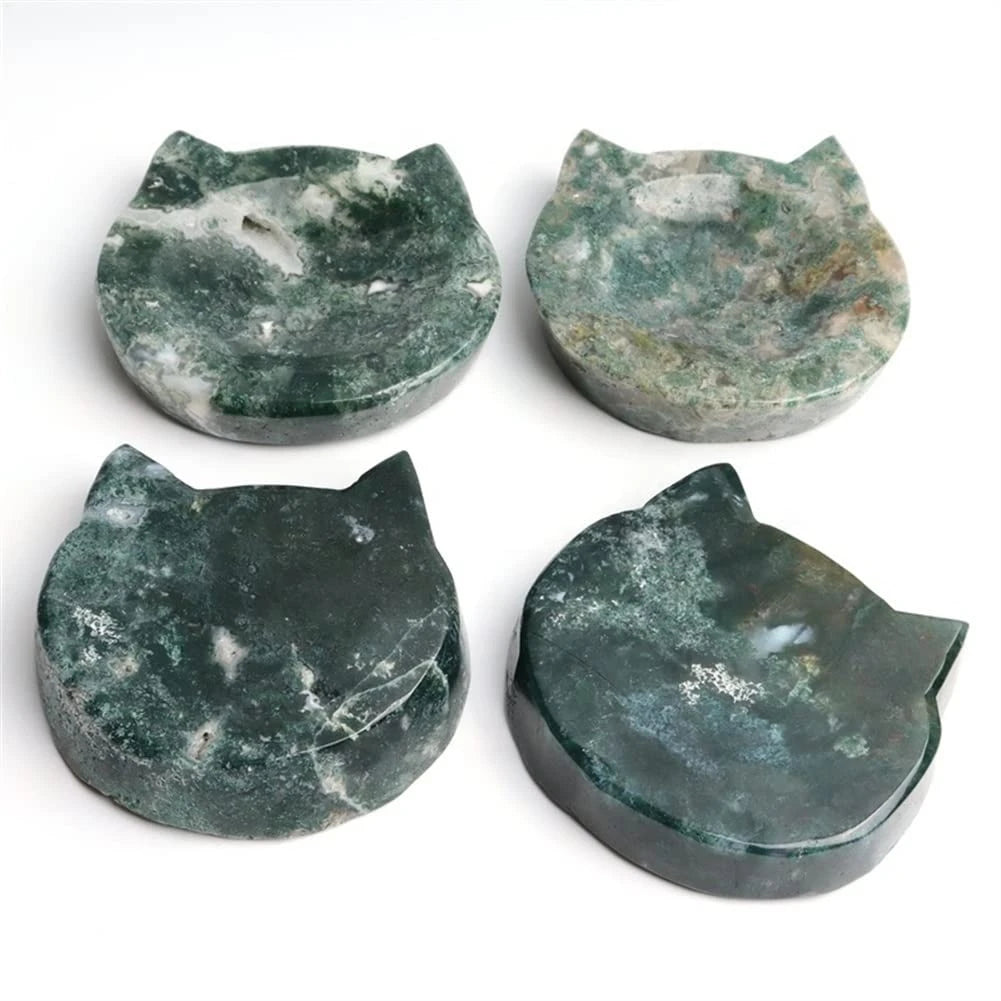 Natural Moss Agate Cat Bowl Carving for Altar and Decor