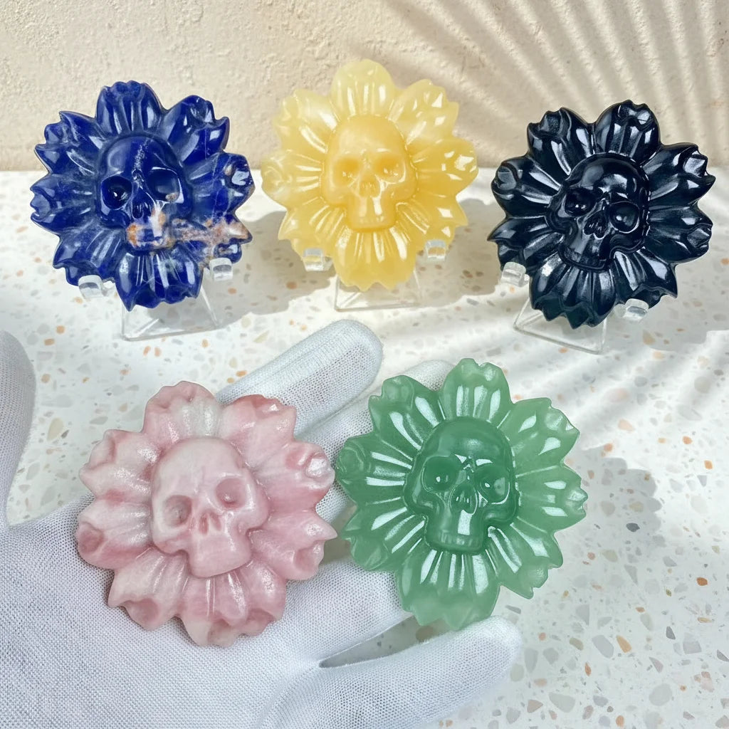 Natural Crystal Flower Carving with Skull Center for Altar Decor