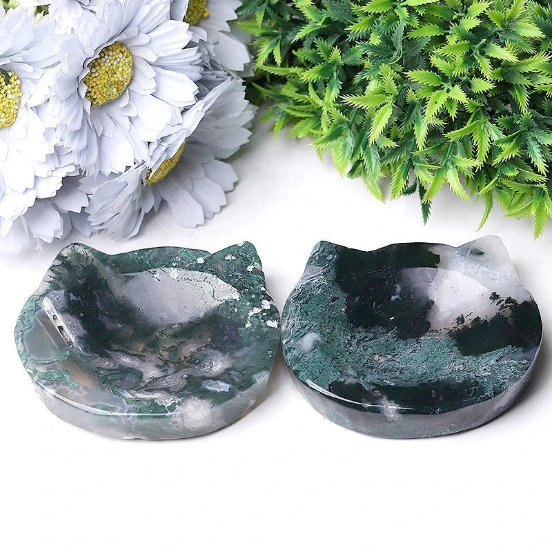 Natural Moss Agate Cat Bowl Carving for Altar and Decor