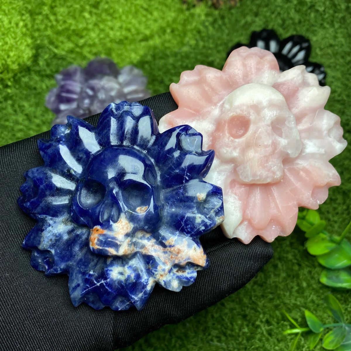 Natural Crystal Flower Carving with Skull Center for Altar Decor