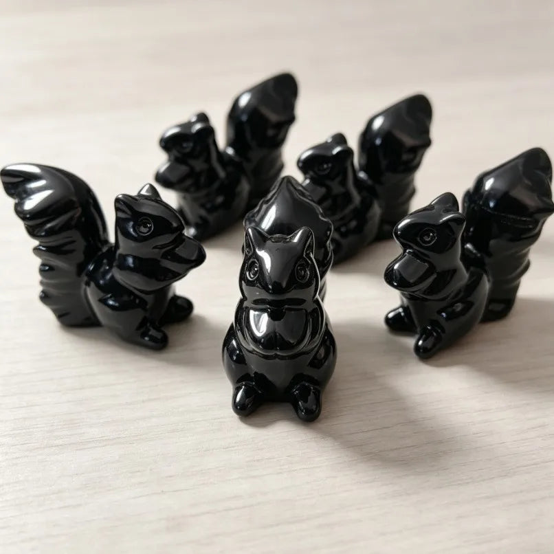 Black Obsidian Squirrel Figurine for Home and Office Desk Decor