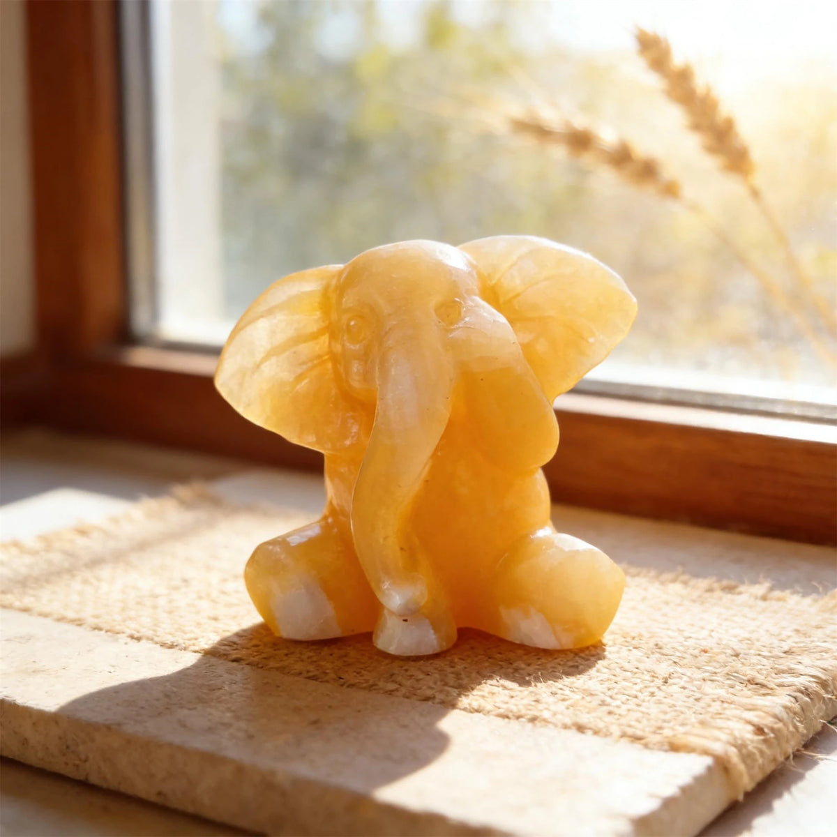 Natural Yellow Calcite Elephant Carving for Feng Shui and Decor