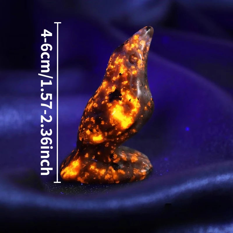 Natural Yooperlite Raven Figurine UV Glow Carving for Decor