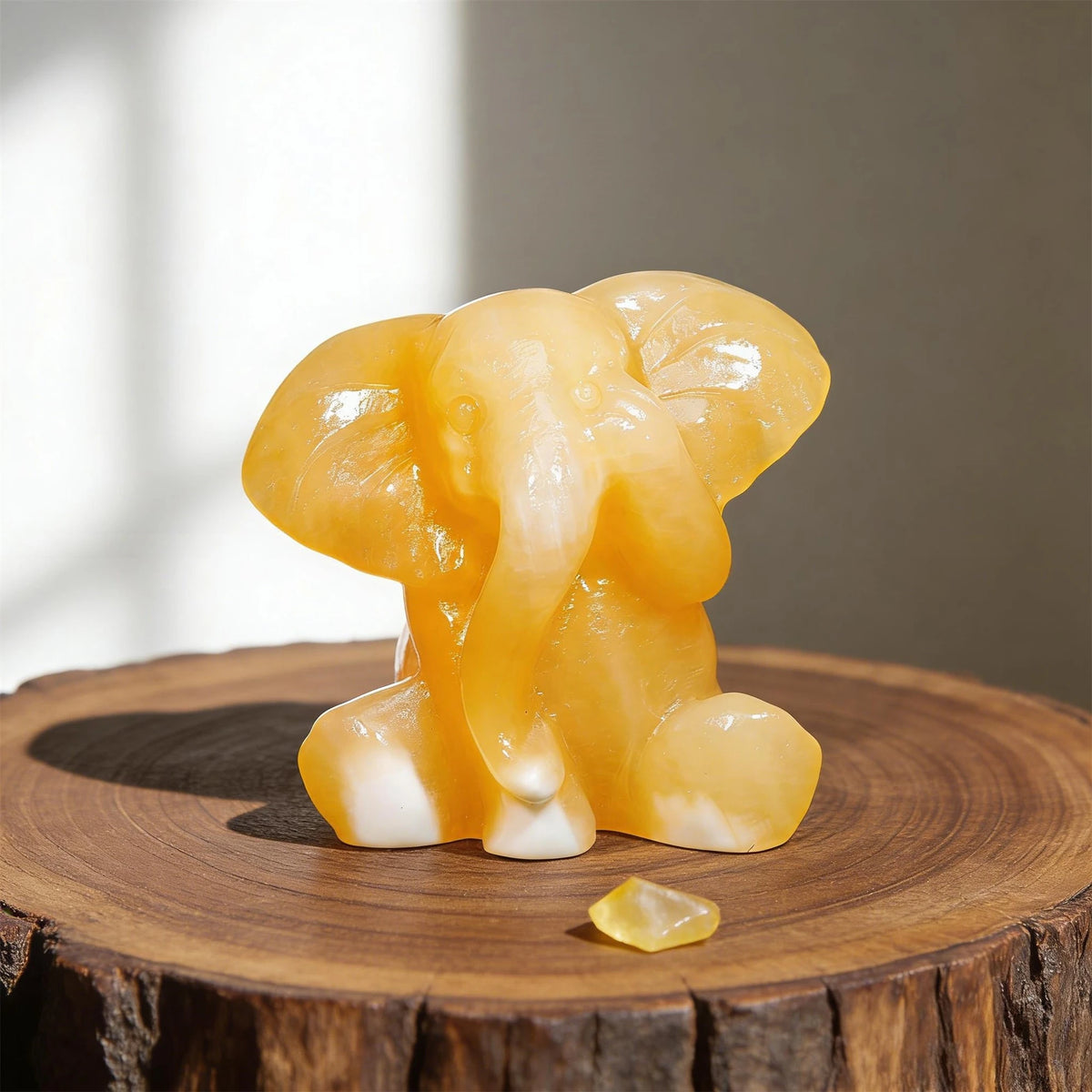 Natural Yellow Calcite Elephant Carving for Feng Shui and Decor