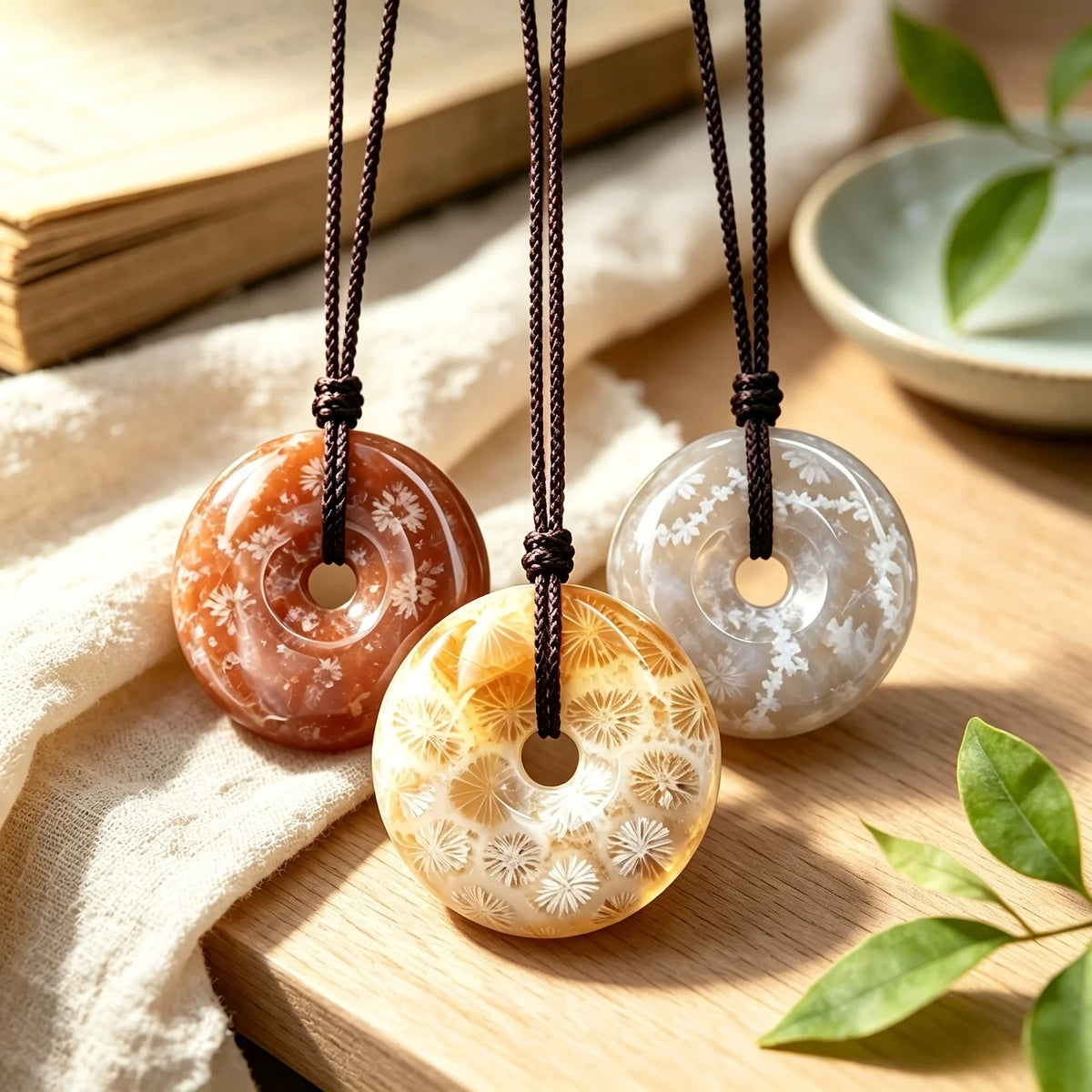 Natural Chrysanthemum Stone Donut Pendant for Peace and Decor