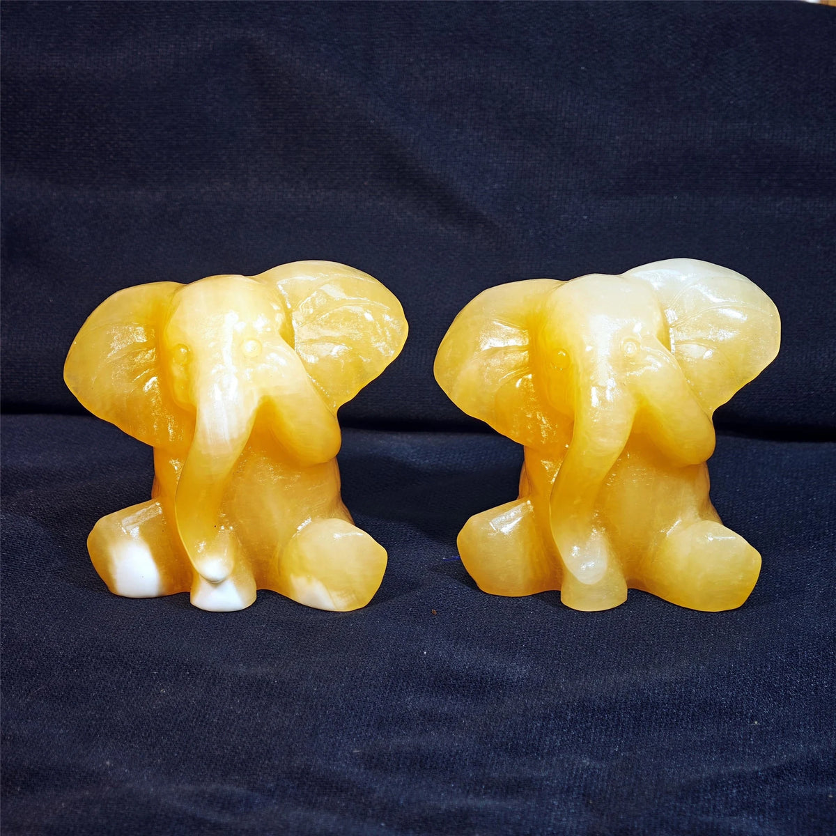 Natural Yellow Calcite Elephant Carving for Feng Shui and Decor