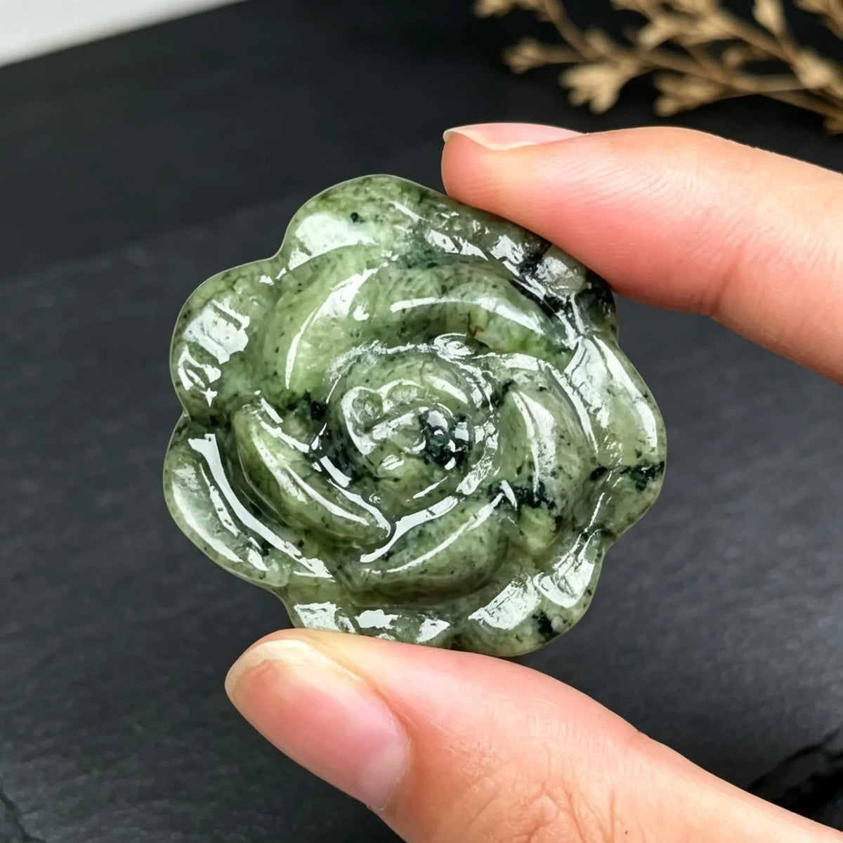 Green Jasper Rose Carving for Home and Garden Decor