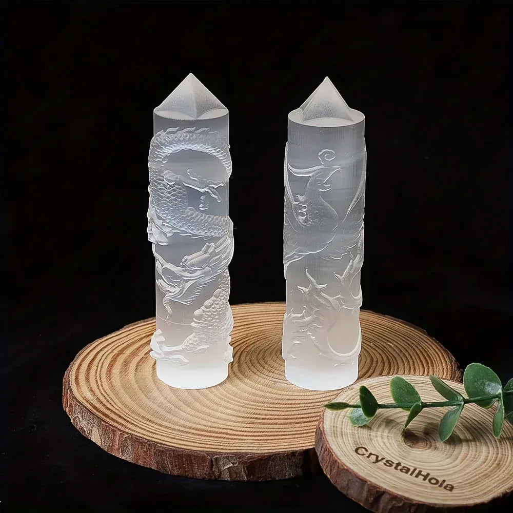A pair of Selenite Dragon and Phoenix Tower