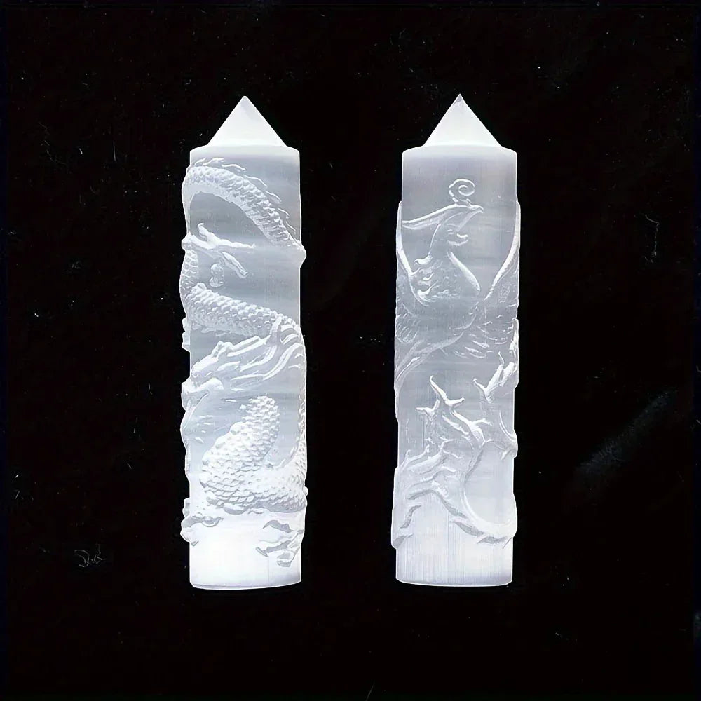 A pair of Selenite Dragon and Phoenix Tower - CrystalHola