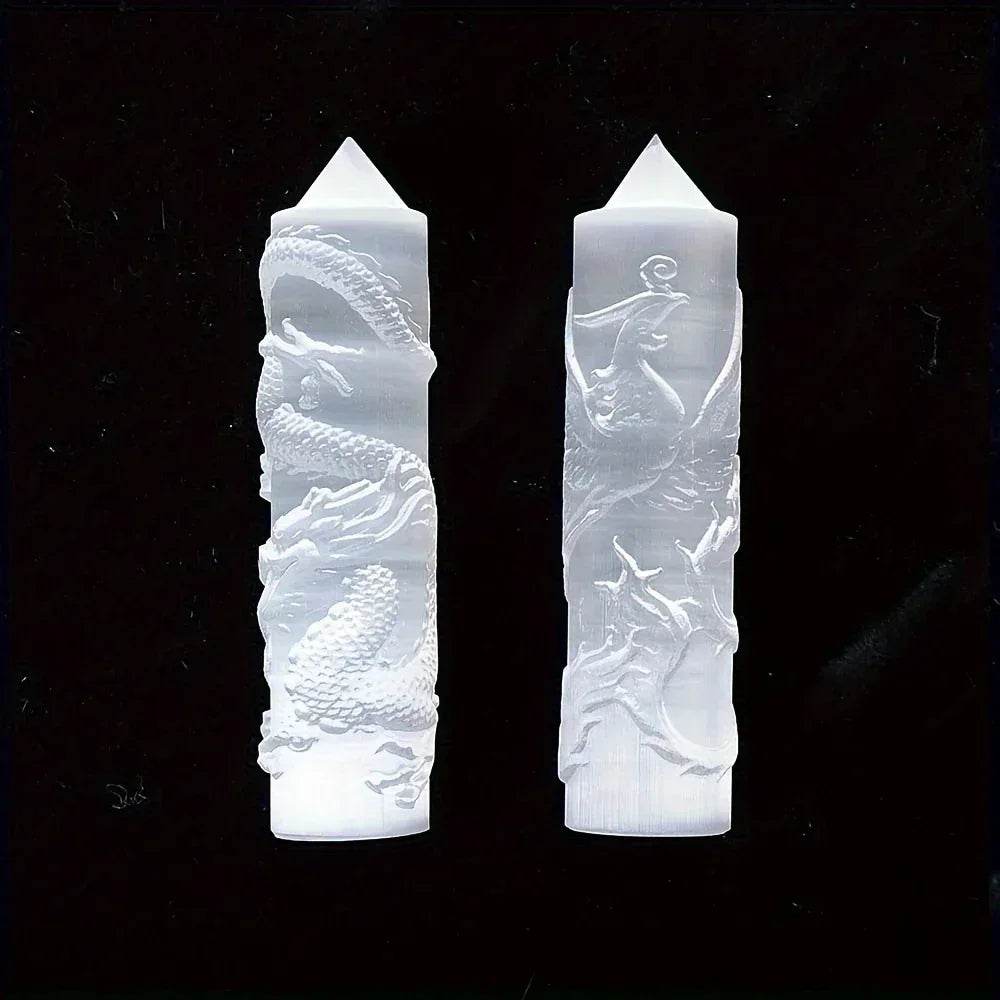 A pair of Selenite Dragon and Phoenix Tower