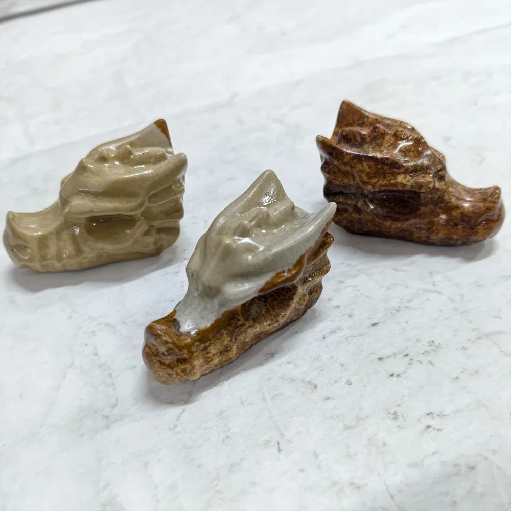 Natural Picture Jasper Dragon Head Carving for Decor