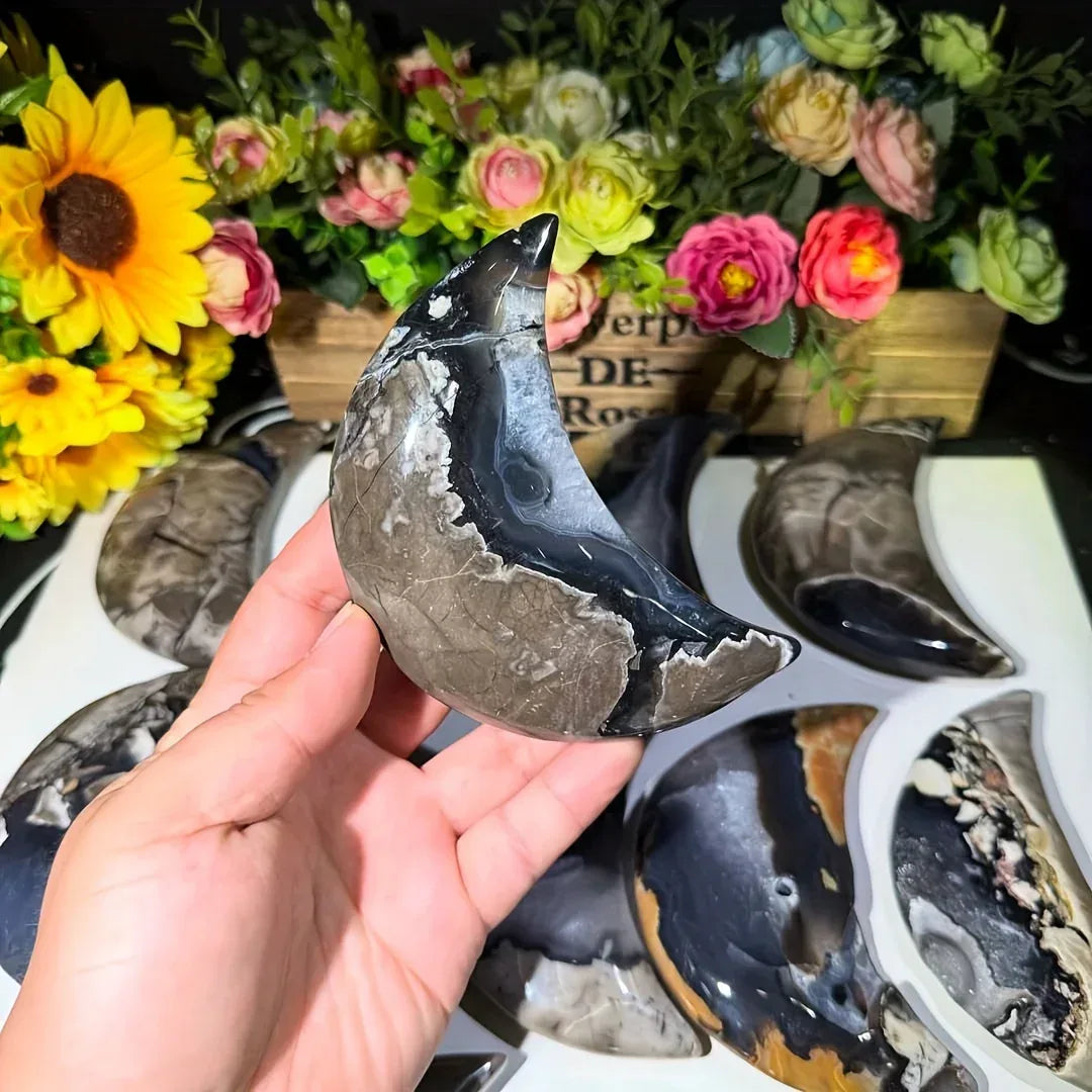 Volcanic Agate Moon Carving - CrystalHola