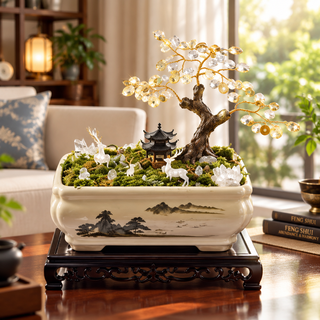AI Commercial Studio Shot: Feng Shui Crystal Money Tree Bonsai Landscape