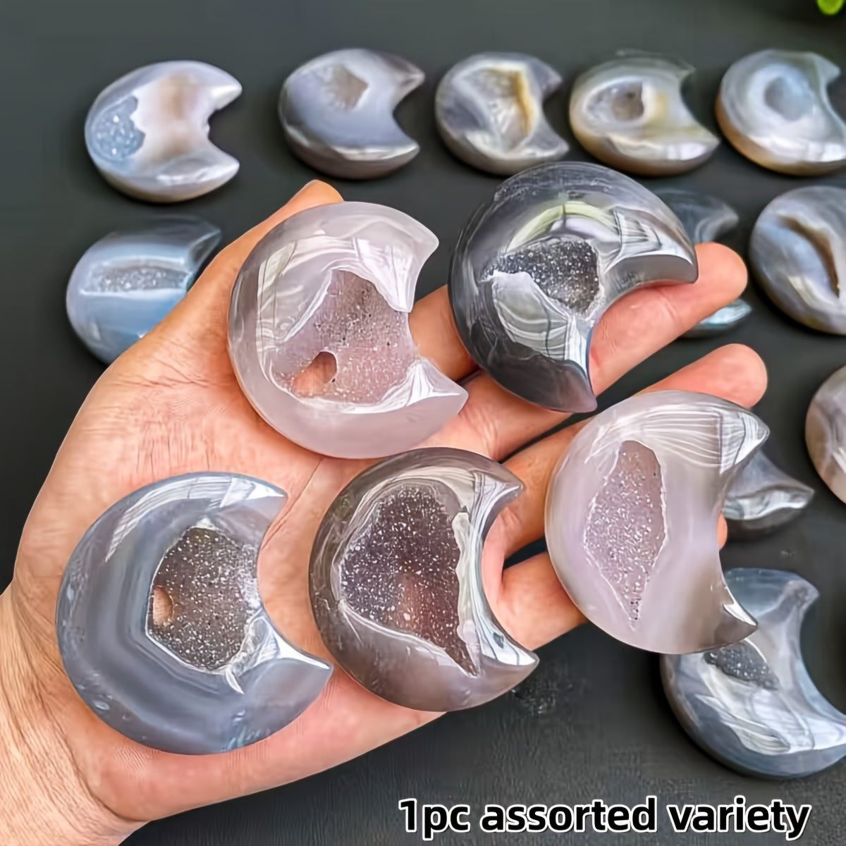 Agate Druzy Geode Moon-Shaped Stone for Gifts
