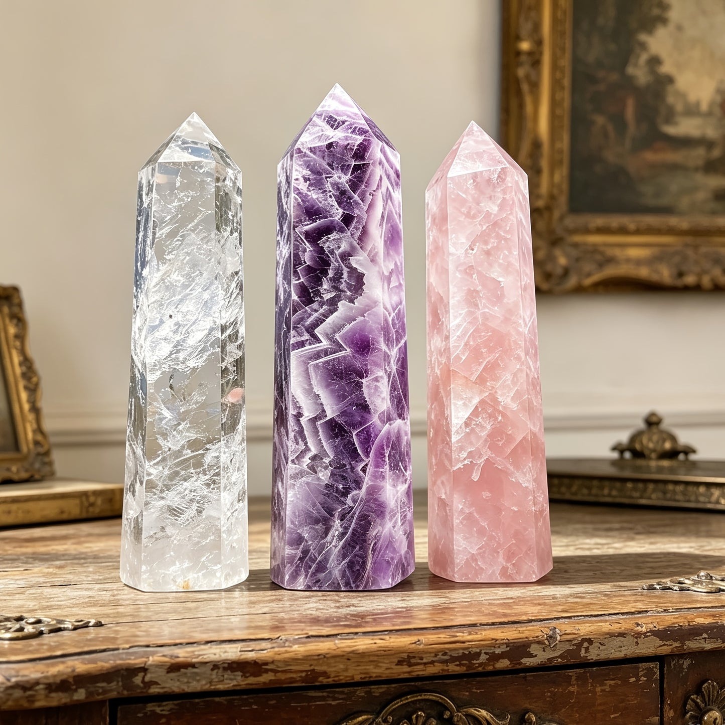 3pcs Natural Dream Amethyst Rose Quartz Clear Quartzl Towers