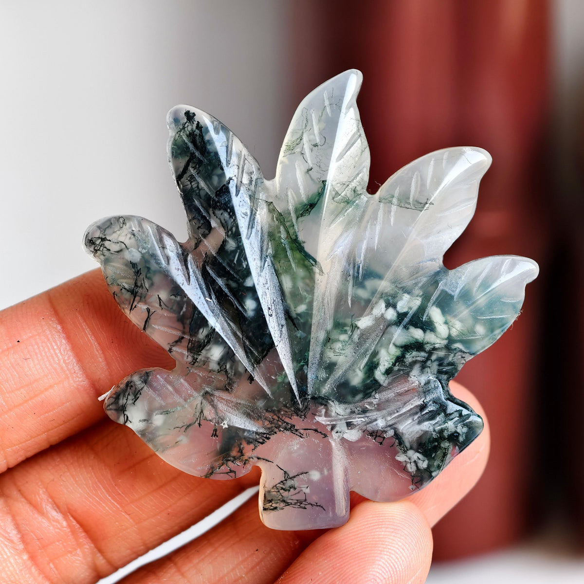 Moss Agate Maple Leaf Carving for Nature Lovers and Crystal Gifts