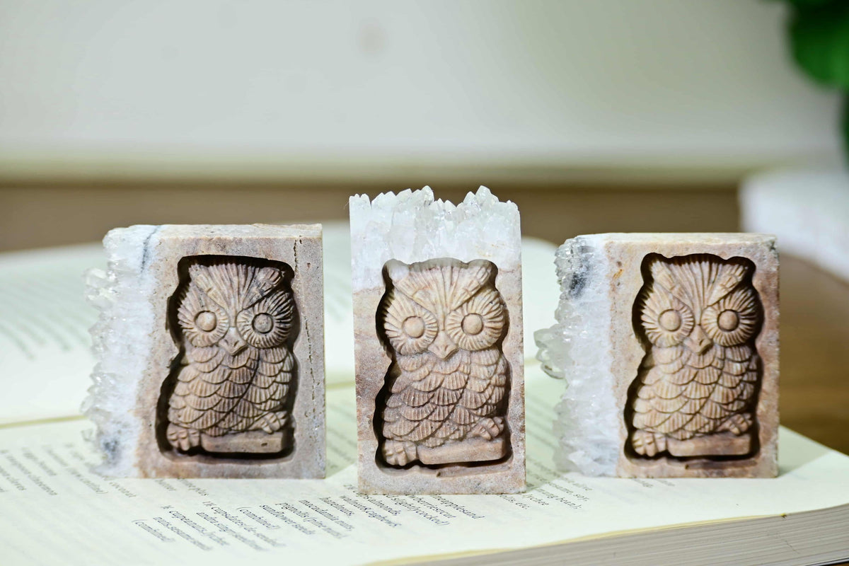 Natural Quartz Cluster Carved Owl for Crystal Collectors and Decor