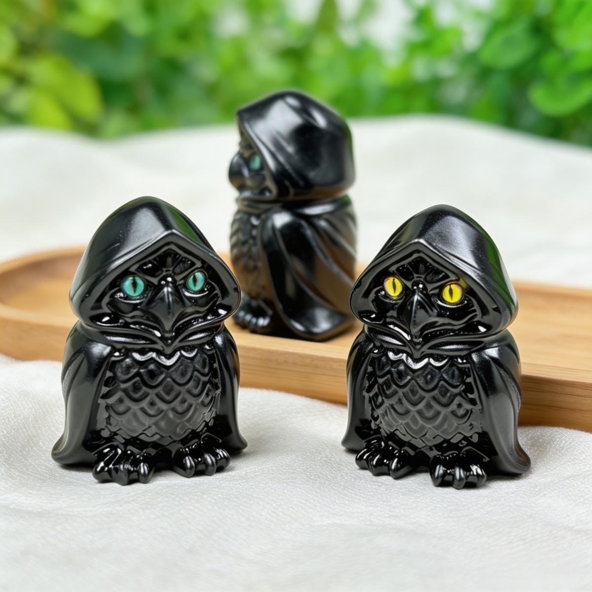 Natural Black Obsidian Wizard Owl Carving for Halloween and Decor
