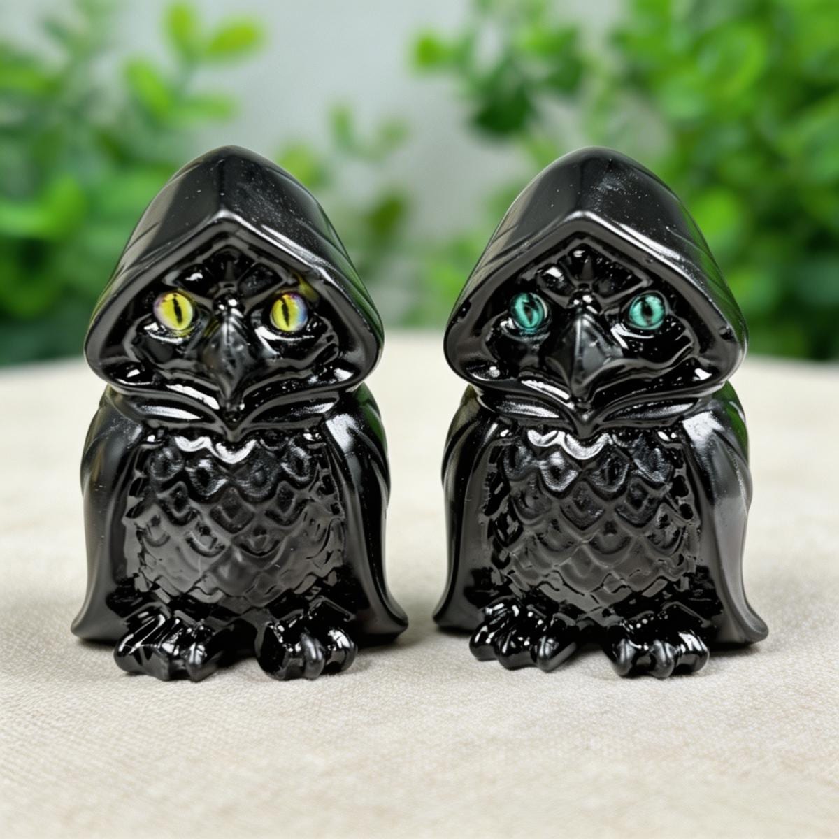 Natural Black Obsidian Wizard Owl Carving for Halloween and Decor