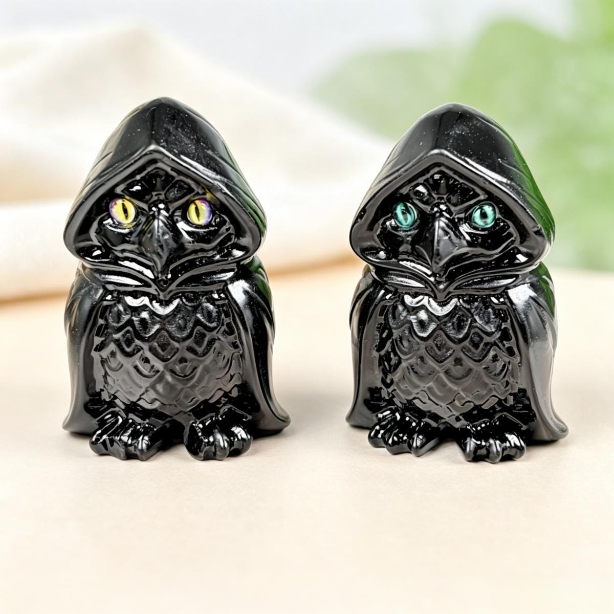Natural Black Obsidian Wizard Owl Carving for Halloween and Decor