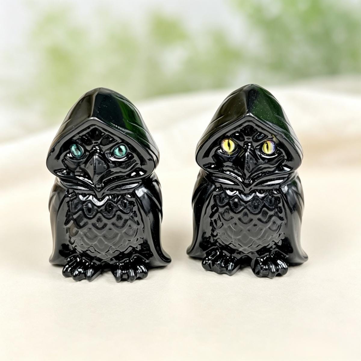 Natural Black Obsidian Wizard Owl Carving for Halloween and Decor