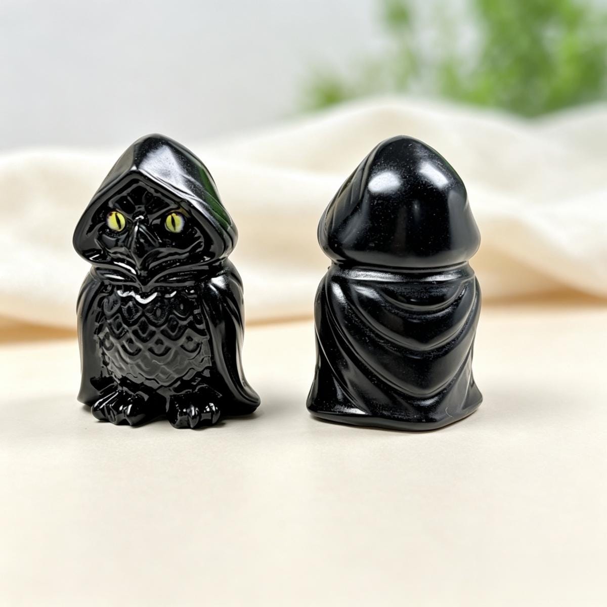 Natural Black Obsidian Wizard Owl Carving for Halloween and Decor