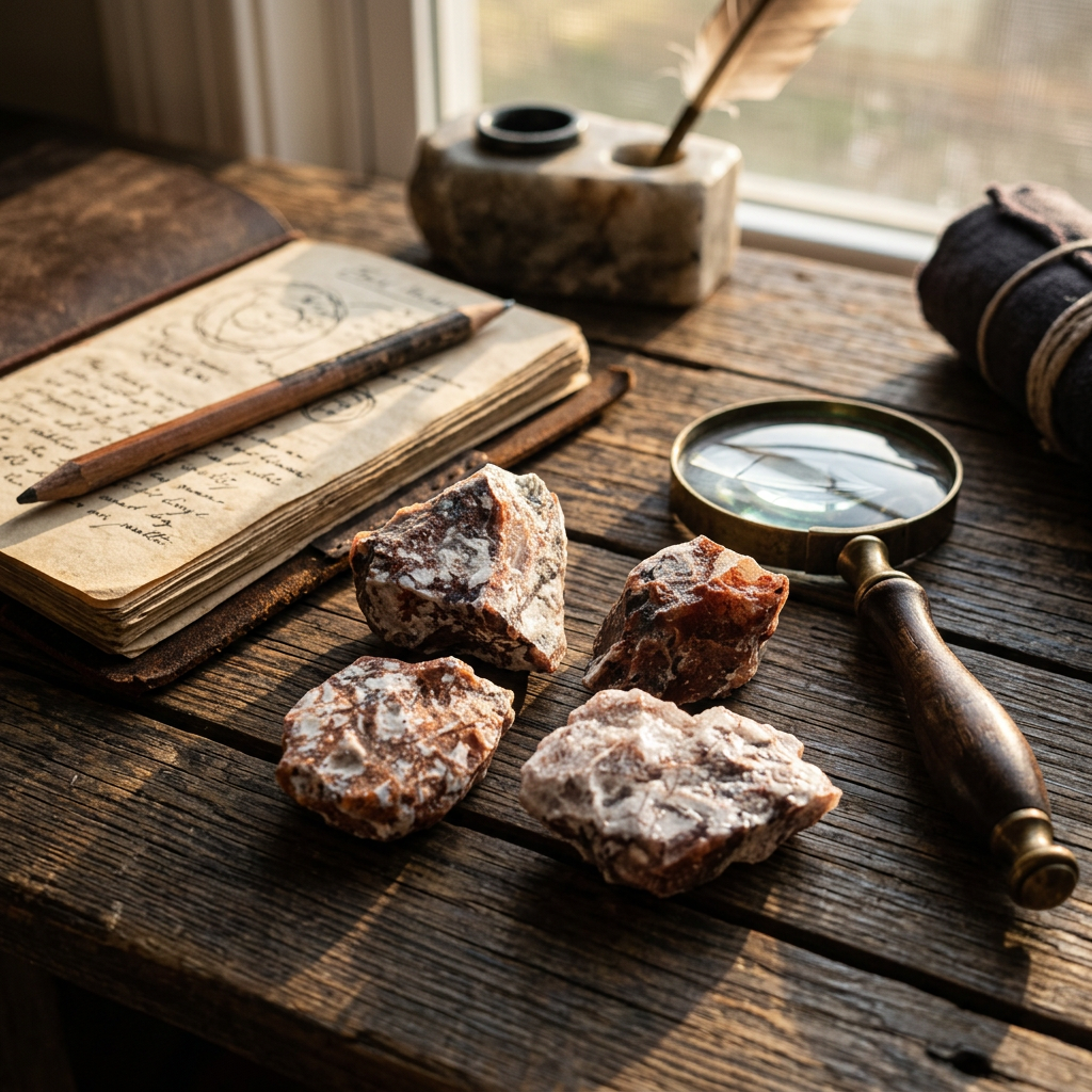 Natural Money Agate Raw Stones in collector study desk setting
