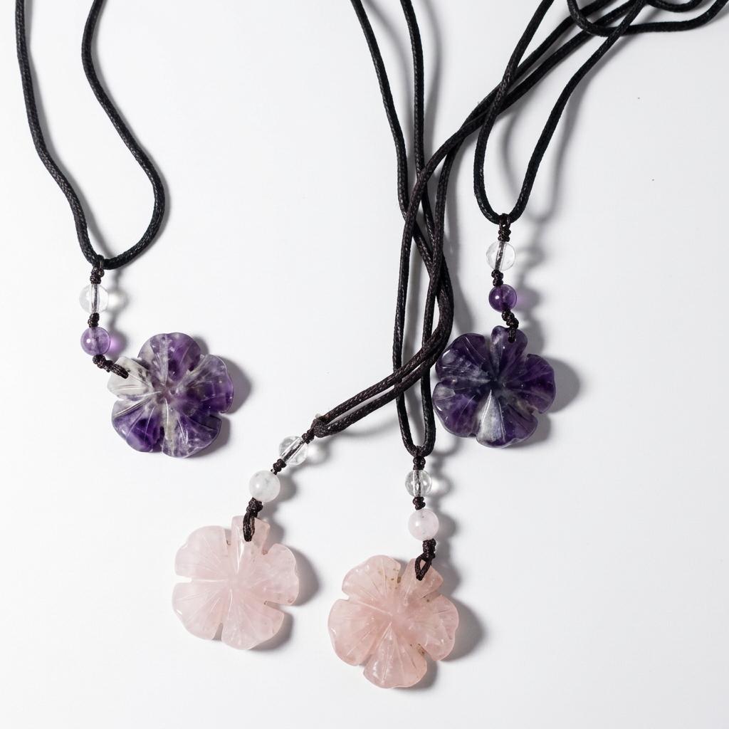 Natural Carved Flower Crystal Pendant Necklace for Healing and Balance