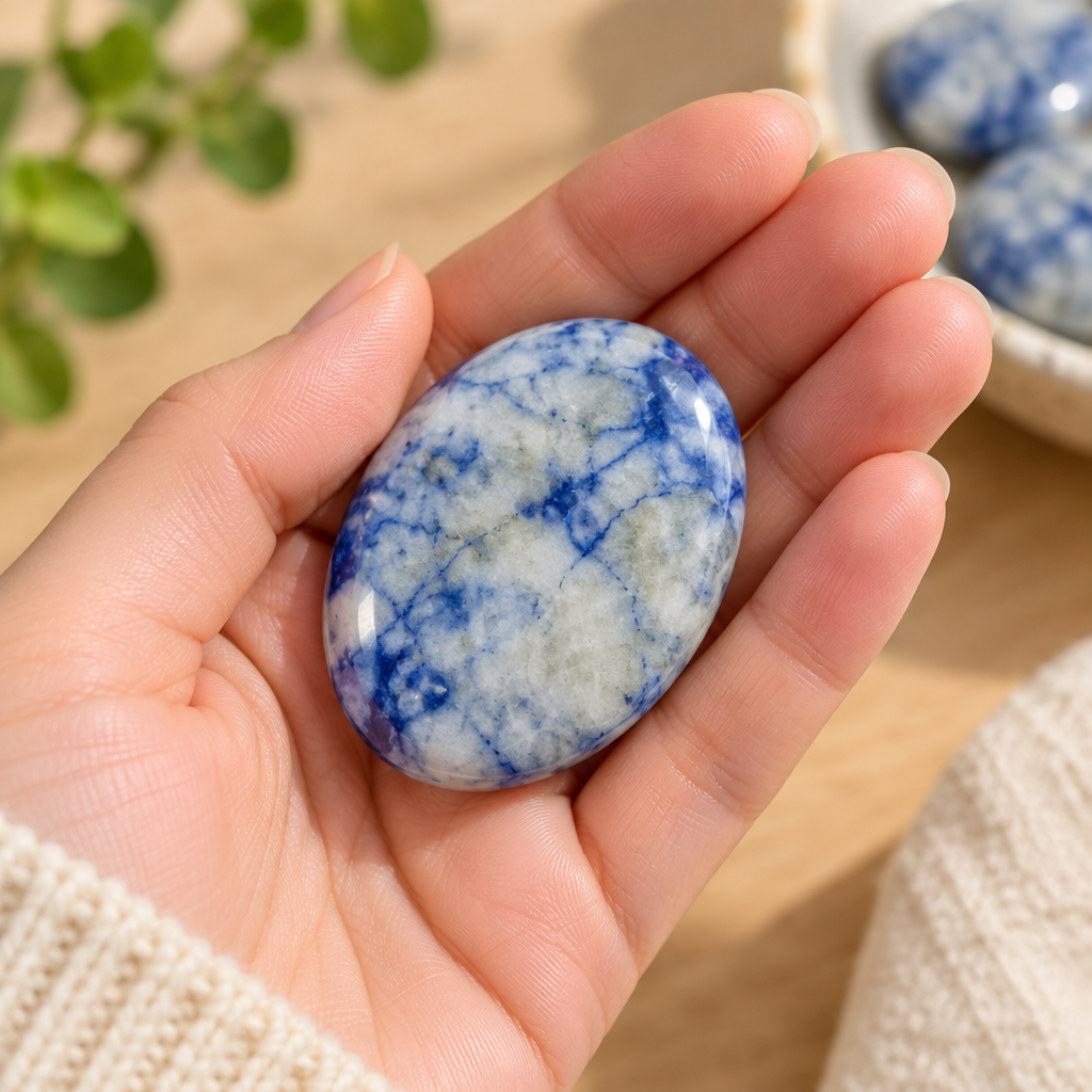 Hand Holding Blue and White Porcelain Jasper Worry Stone