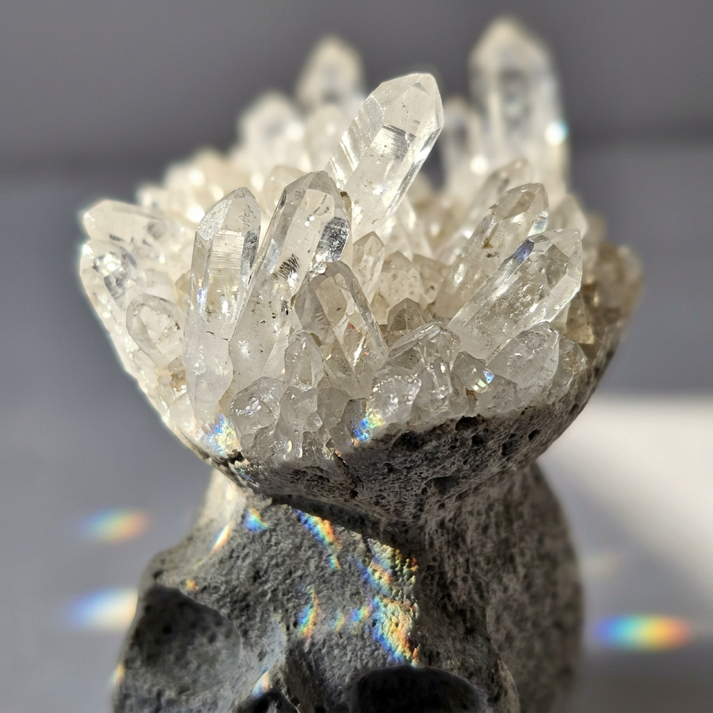 Natural Quartz Crystal Cluster Hand-Carved Skull for Altar and Decor