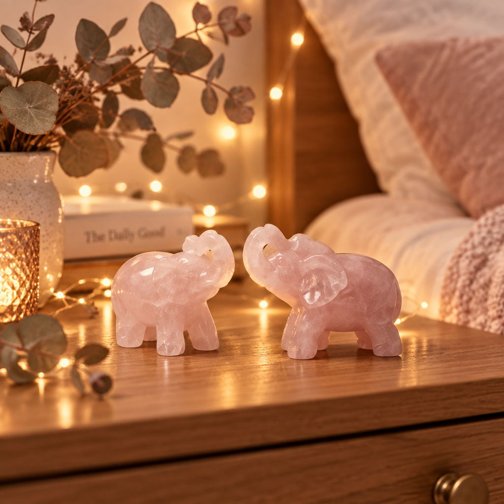 Rose Quartz Elephants on Bedroom Nightstand