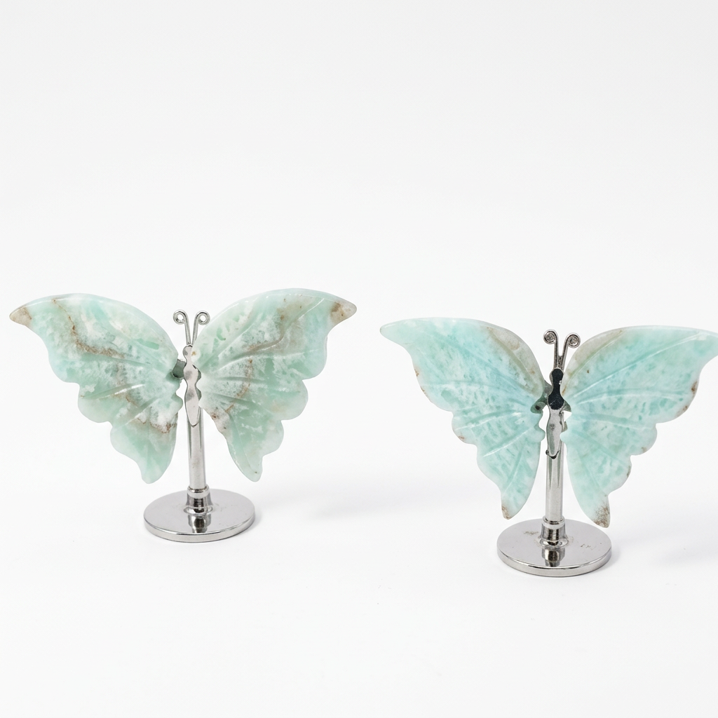 Two Natural Hemimorphite Butterfly Ornaments on Stands pure white background