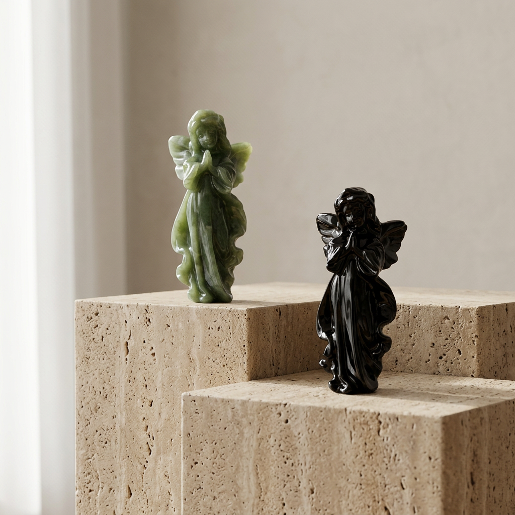 Machine-Carved Xiuyan Jade and Obsidian Angel Figurine