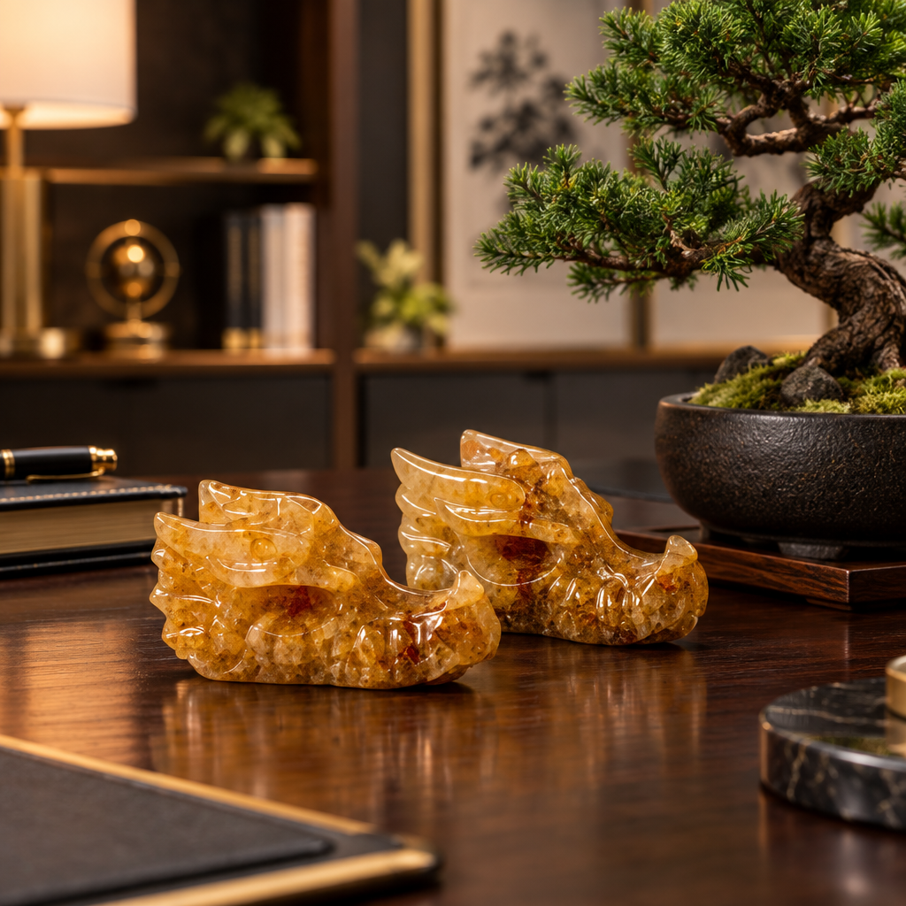 Yellow Hematoid Quartz Dragon Head on Executive Desk