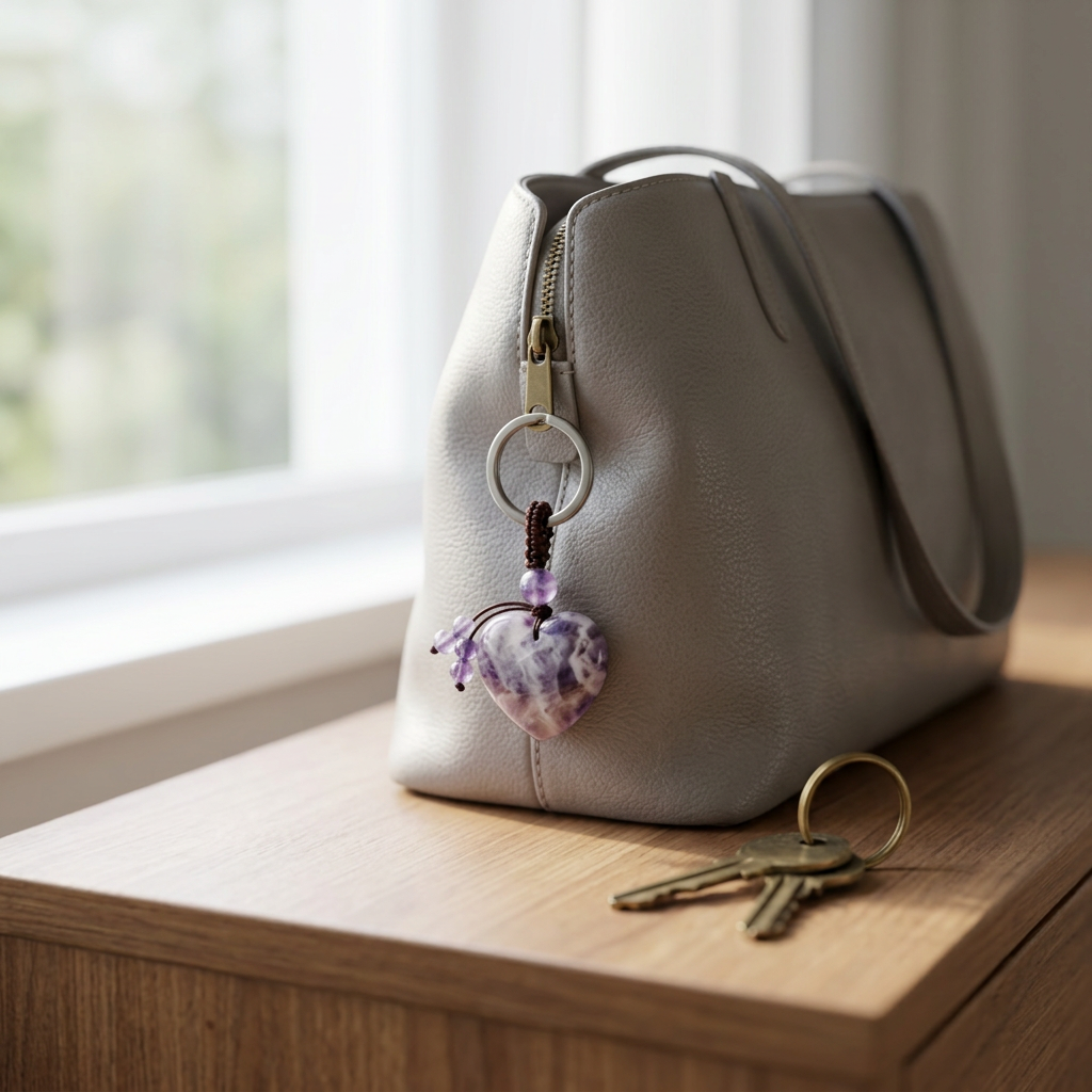 Dream Amethyst Heart Keychain on chic leather tote bag