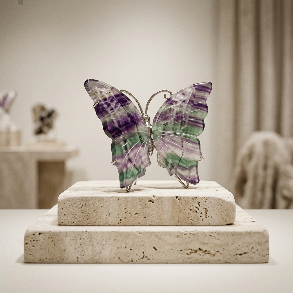 Handcrafted Fluorite Butterfly Sculpture on travertine stone pedestal