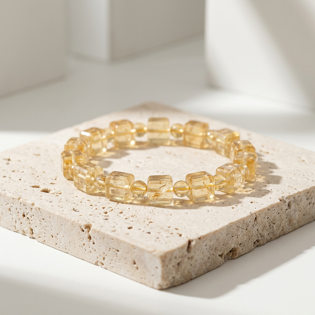 Natural Citrine Sugar Cube Bracelet 11mm Travertine Pedestal Display