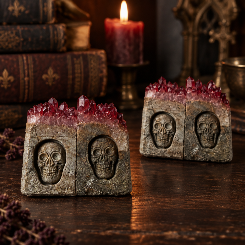 Wine Red Quartz Cluster Skull Carvings Gothic Altar Display