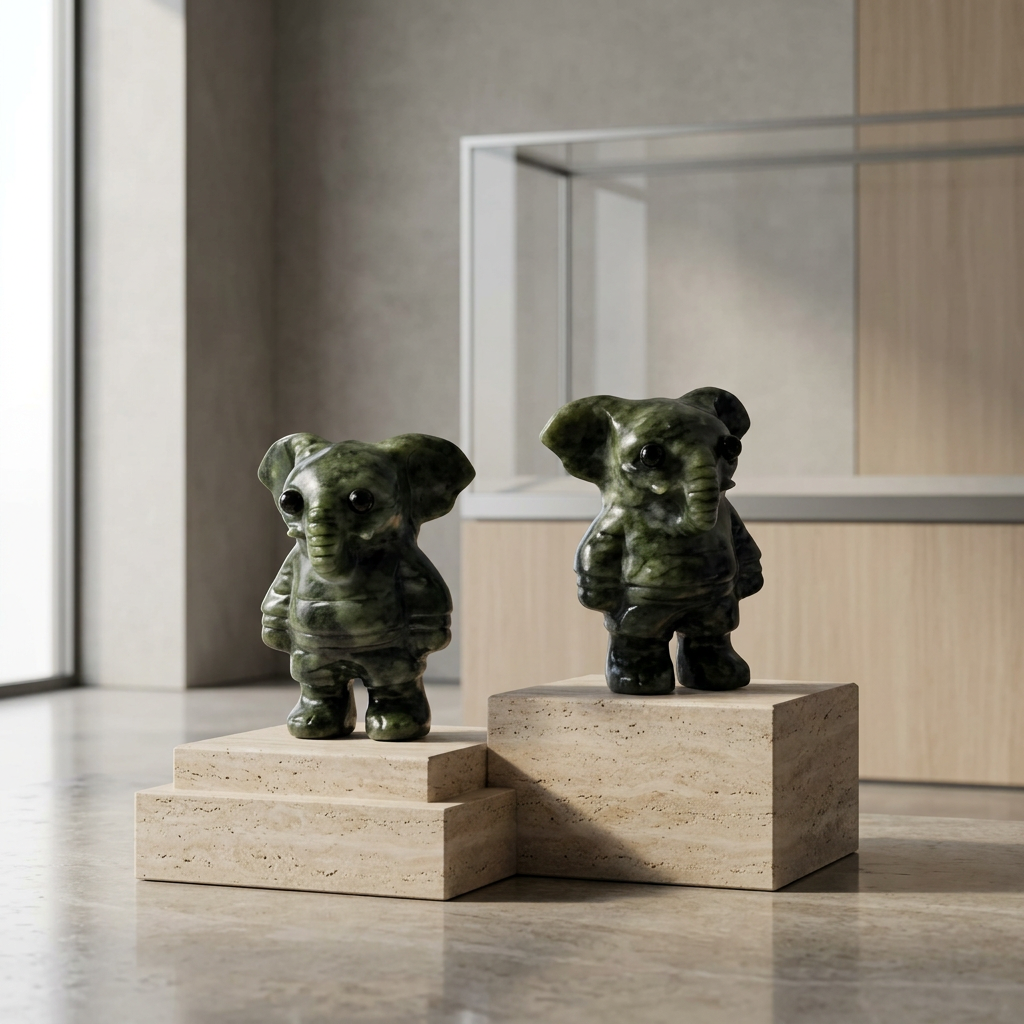 Natural Xiuyan Jade Standing Elephant Figurine - Travertine Pedestal Display